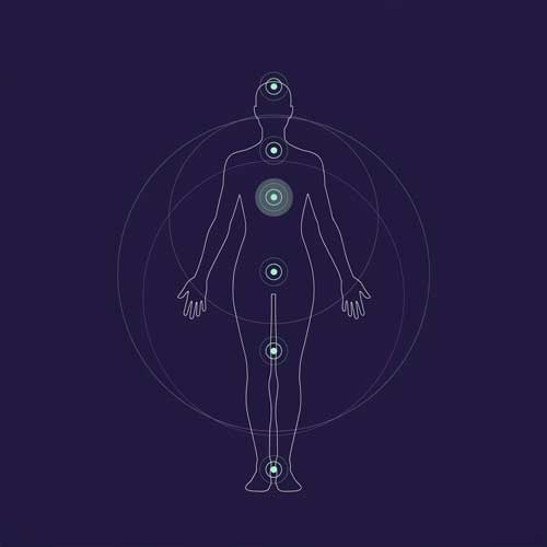 Illustration of a human body with glowing energy points mapping where physical sensations and emotions are felt